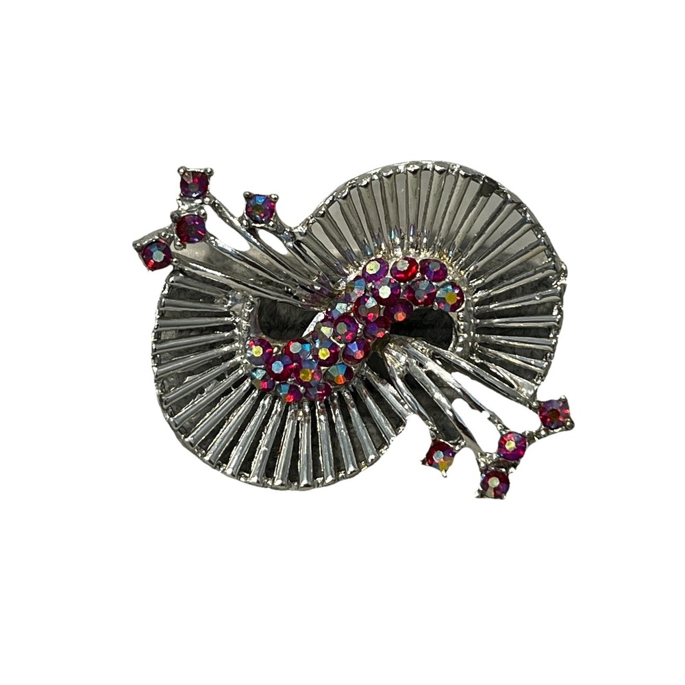 Vintage Rhinestone Spray Brooch AB‎ Pink Red Silver Tone S-shaped